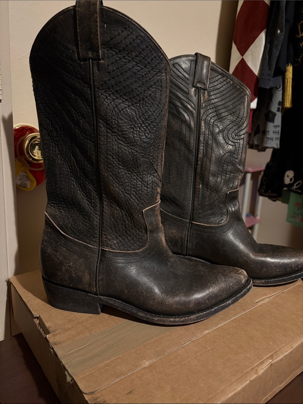 Frye Distressed Black Leather Western Cowboy Boots